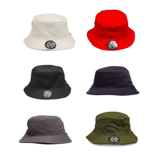 A collection of six bucket hats in white, red, black, navy, grey, and olive, each with a logo.