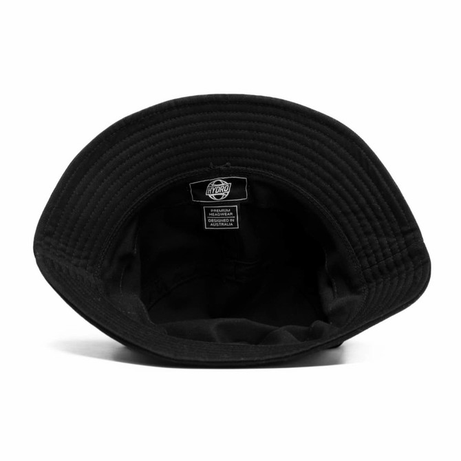 A black bucket hat featuring a textured brim and an interior label. The hat has a simple, unembellished design.