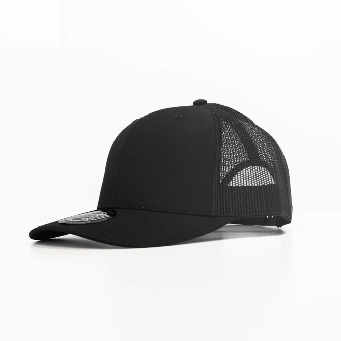 A black trucker cap with a mesh back and a round logo on the front.