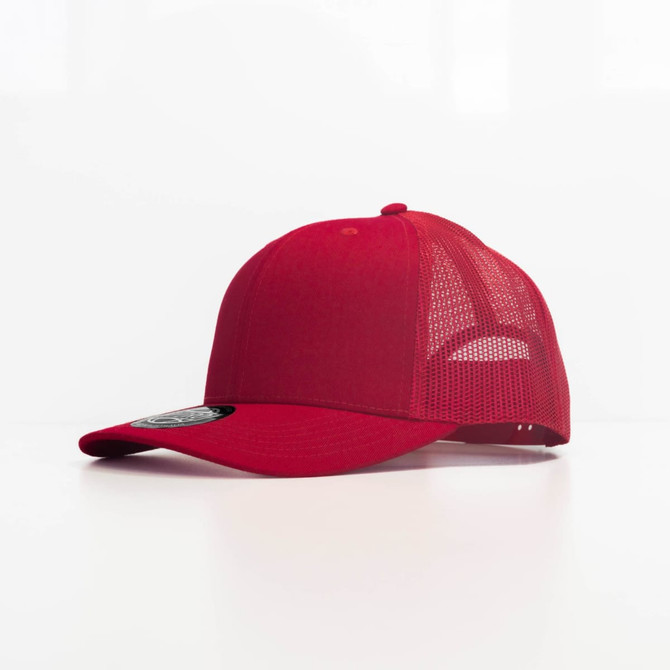 A red trucker cap with a mesh back and a rounded brim, featuring a logo on the front.