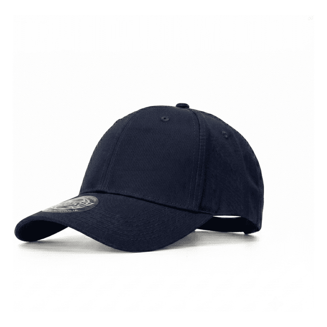 A navy blue polyester stretch cap with a logo on the front, featuring a six-panel design and curved brim.