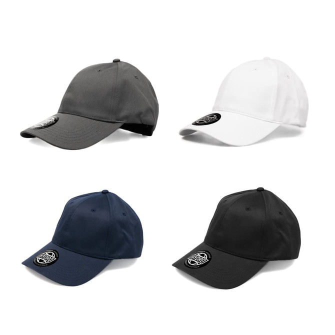 A collection of caps in grey, white, navy, and black, each featuring a logo on the front.