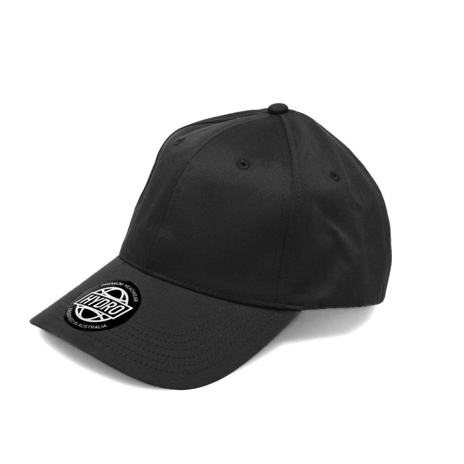 A black cap with a flat brim and a logo patch on the front.