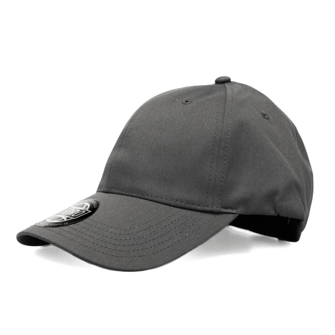 A grey cap featuring a branding logo on the front and a curved brim.