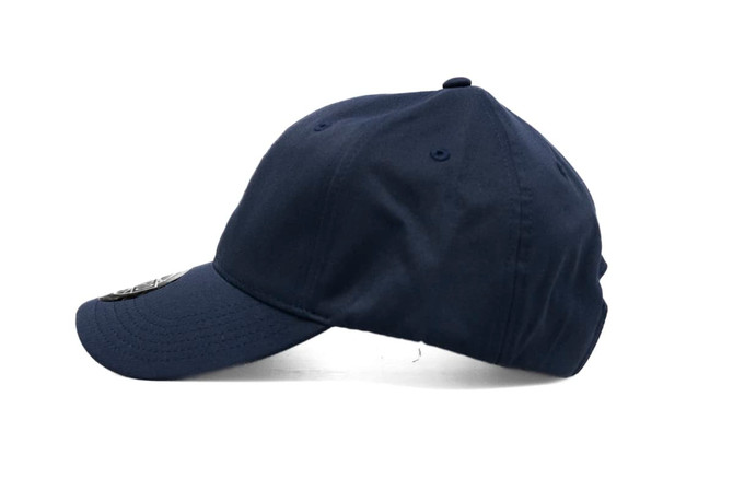 A navy blue cap featuring a logo on the side, shown from a side angle.