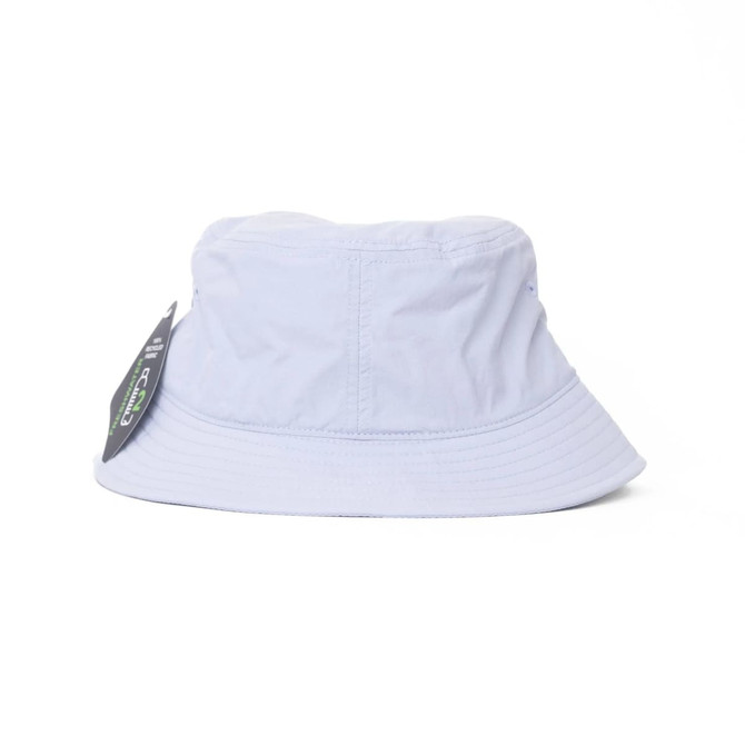 A light blue bucket hat with a wide brim; features a tag with branding.