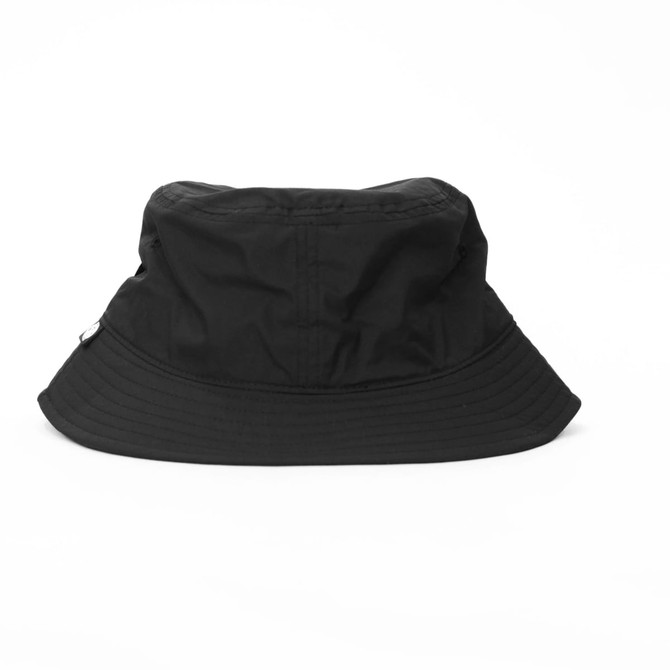 A black bucket hat with a wide brim and a branding logo on the side.
