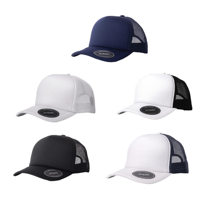 A collection of trucker caps in navy, white, black, and a black and white combination, featuring logos on the front.