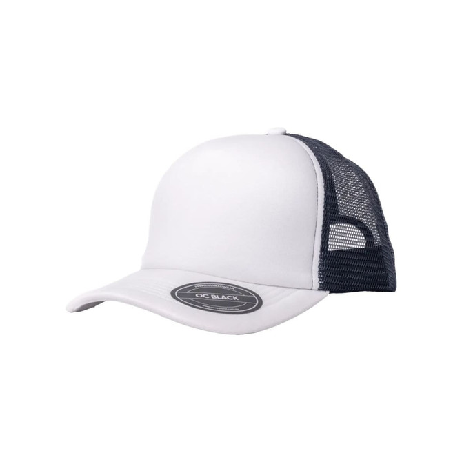 A trucker cap featuring a white front and navy mesh sides, with a logo on the front.