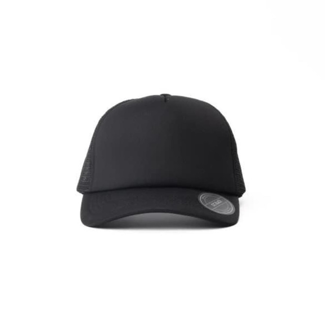 A black nylon foam trucker cap with mesh sides and a round logo on the front.
