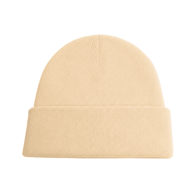A warm knitted acrylic beanie in a light beige colour with a folded cuff, featuring a branding logo.