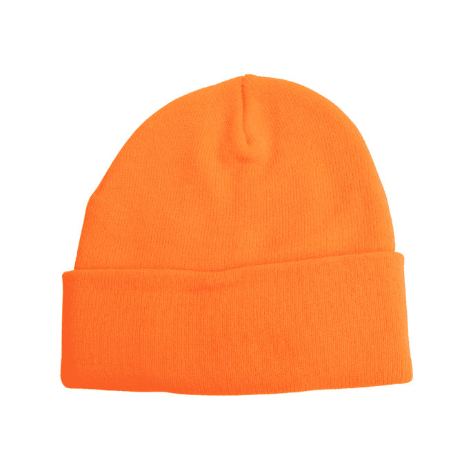 A warm orange knitted acrylic beanie featuring a fold-up cuff and a simple design.