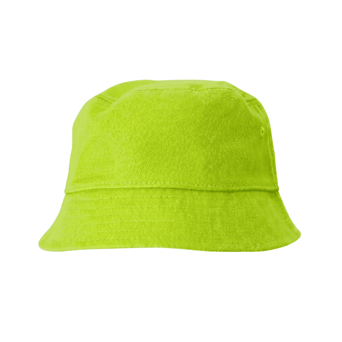 A bright lime green cotton bucket hat with a wide brim and a textured finish. It features a logo.