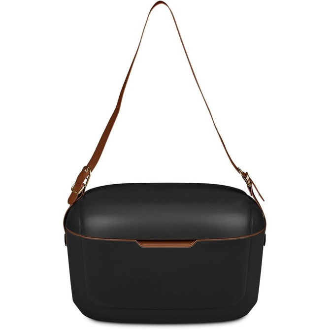 A black cooler box with a brown strap, featuring a smooth surface and a sleek design.