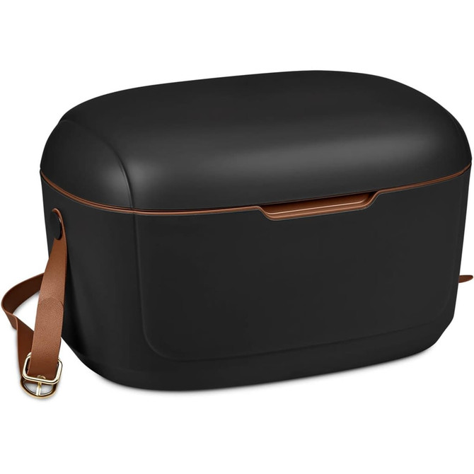 A black cooler box with a brown strap, featuring a smooth surface and a sleek design. It has a logo on the side.