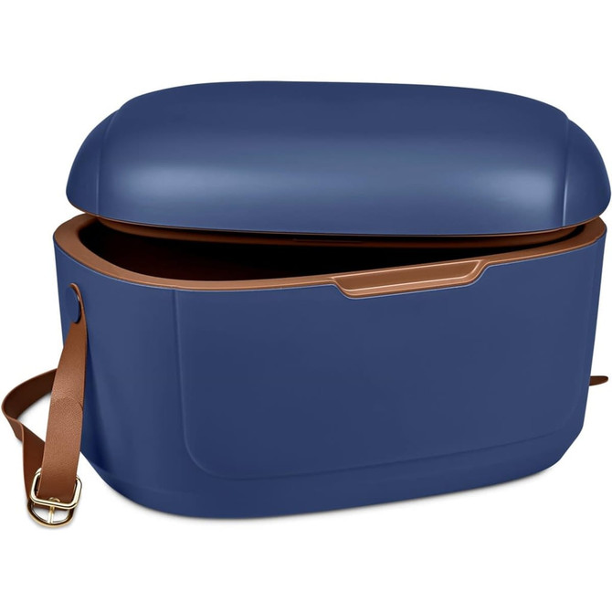 A blue Paradise 12L cooler box with a brown strap and an open lid, featuring a sleek design and a branding logo.