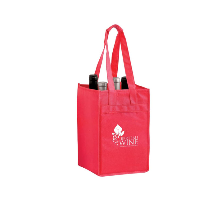 A red non-woven polypropylene tote bag holding four wine bottles, featuring a logo on the front.