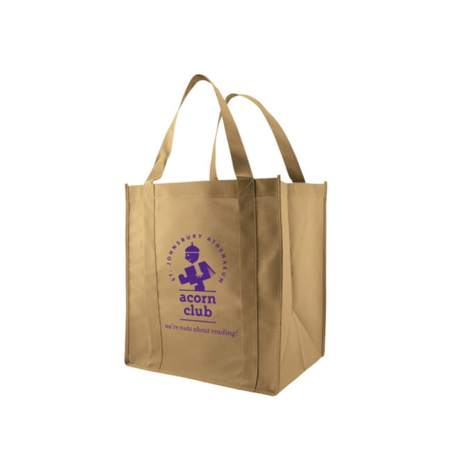 A large beige reusable grocery bag with handles and a logo printed on the front.