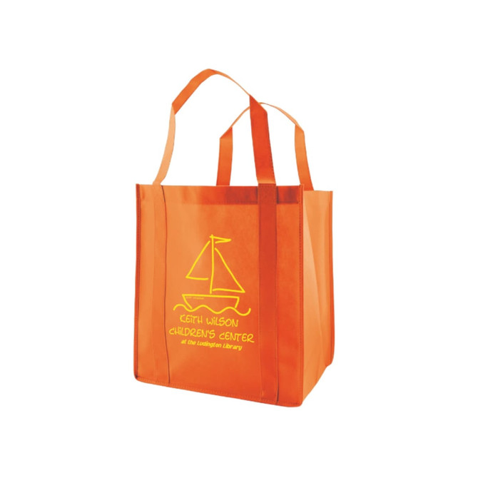 An extra-large, orange non-woven shopping bag with two handles and a logo featuring a sailboat design.