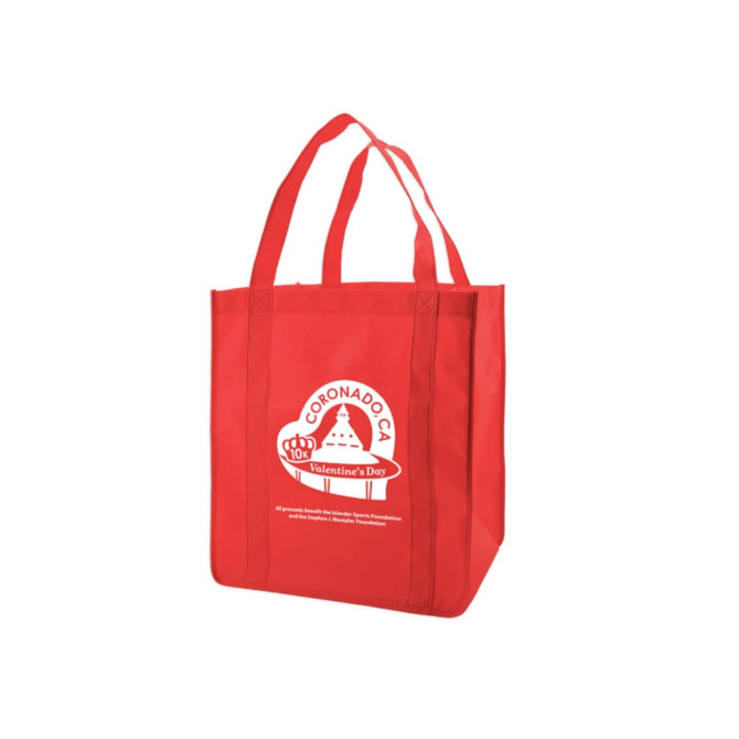 A red extra-large non-woven reusable grocery bag with sturdy handles and a logo.