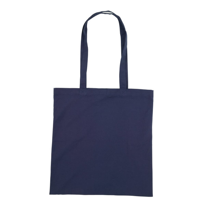 A navy blue cotton tote bag with two handles and no visible logos or branding.