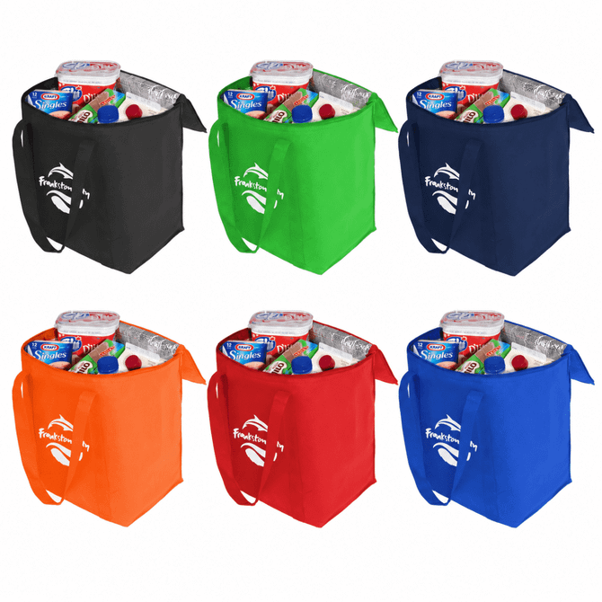 A cooler bag available in black, green, navy, orange, red, and blue, filled with drinks and snacks. Features a logo.