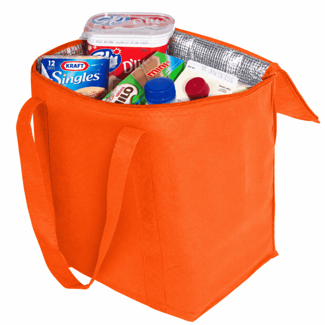 An orange cooler bag filled with various products including drinks and food items, featuring sturdy handles.