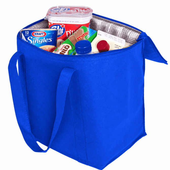 A blue cooler bag filled with dairy products, including milk, cheese slices, and treats, featuring sturdy handles and an insulated interior.