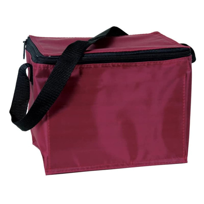 A maroon cooler bag with a black handle and zip closure, featuring a plain design and no visible branding.