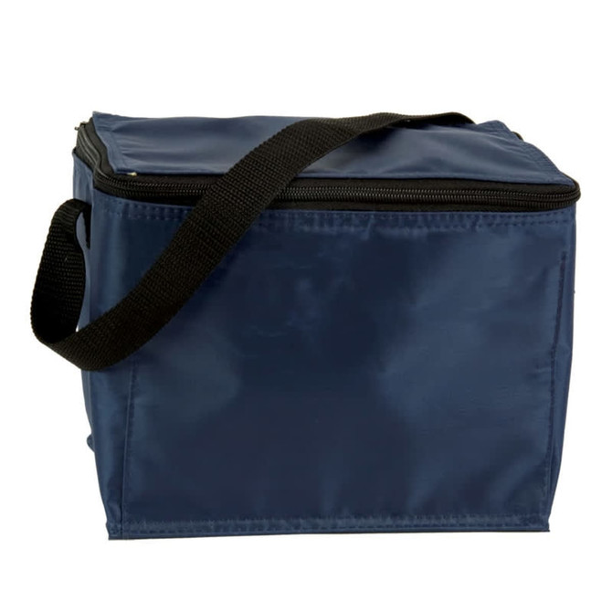 A navy blue cooler bag with a black strap and a zippered top, featuring a logo on the side.