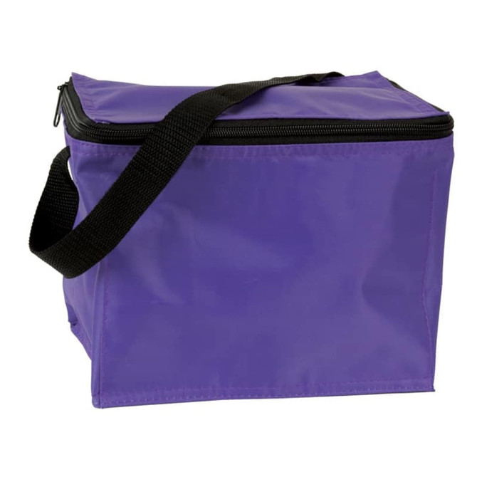 A purple cooler bag with a zip closure and a black shoulder strap, featuring a logo on the front.