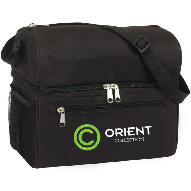 A black cooler bag with zippered compartments and a mesh side pocket, featuring a logo on the front.