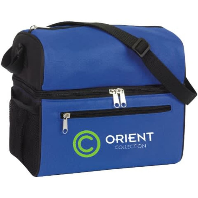 A blue cooler bag with a black top, featuring a zippered compartment and a logo. It has a shoulder strap for carrying.