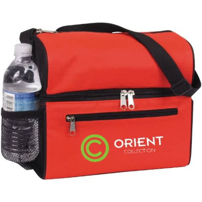 A drink bottle is nestled in a mesh pocket of a red cooler bag with a logo on the front and a shoulder strap.