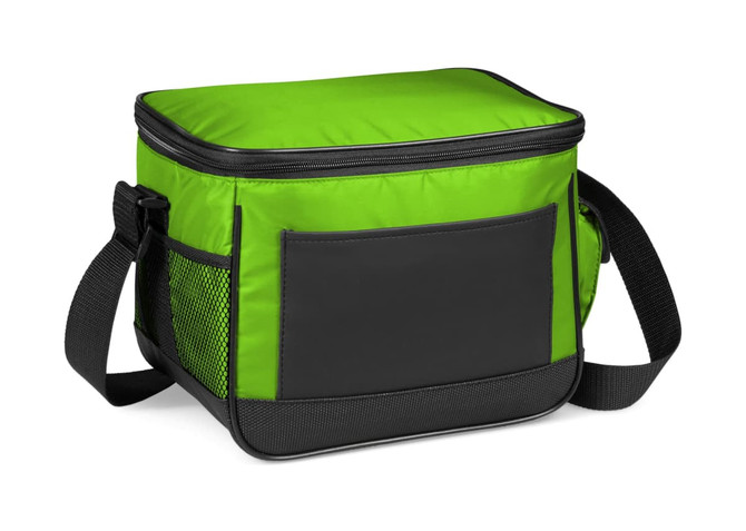 A green and black cooler bag with a zip closure and an adjustable strap, featuring a side mesh pocket.