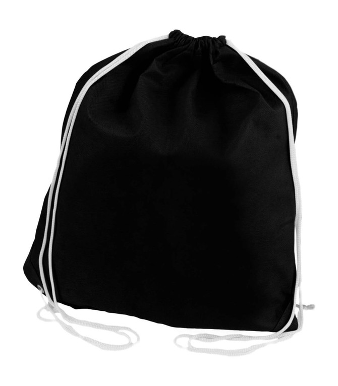 A black non-woven drawstring bag with white drawstrings, featuring a simple design and a logo.