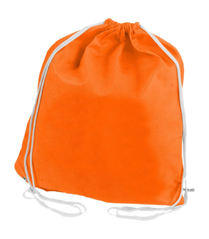 An orange non-woven drawstring bag with white drawstrings and a simple design.