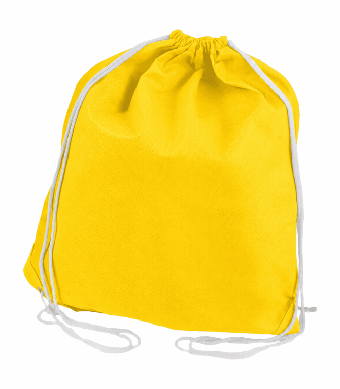 A yellow non-woven drawstring bag with white drawstrings and a simple design. It features a logo.