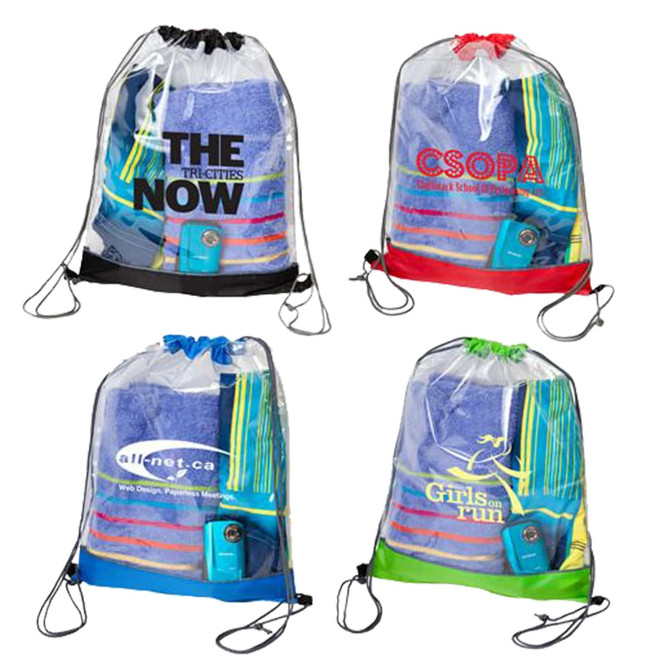 Clear PVC drawstring bags in various colours, featuring different contents and logos, including towels and a phone.