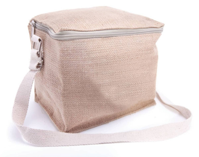A jute cooler bag in natural tones with a zipper and adjustable strap, featuring a logo on the front.