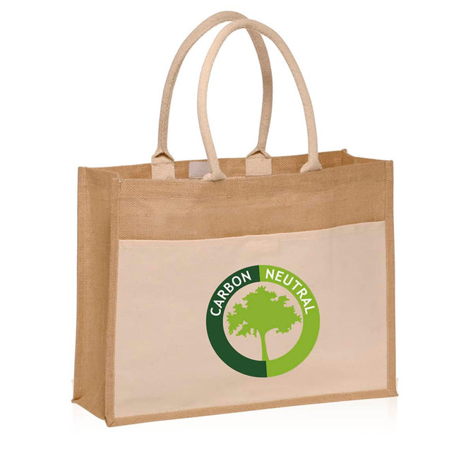 A jute tote bag featuring handles, a cream body, and a green logo on the front.