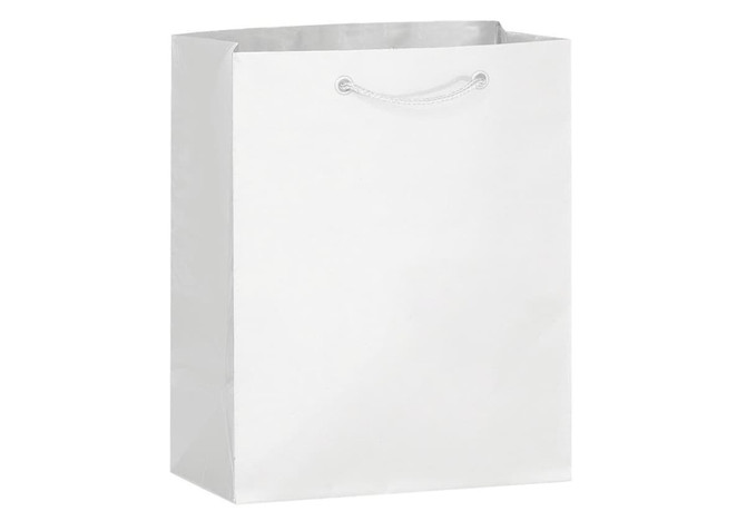 A medium, full-coloured laminated paper bag in white with a rope handle, featuring a logo.