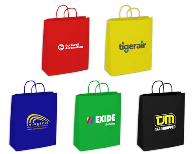 A collection of medium paper bags in red, yellow, blue, and black, each featuring branding logos.