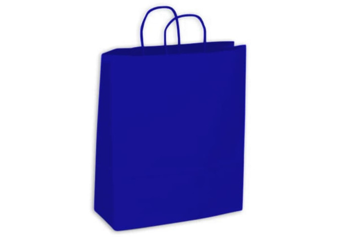 A blue medium coloured Kraft paper bag with two handles and a simple design.