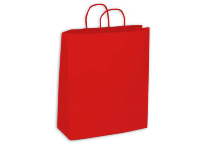 A red medium coloured kraft paper bag with two handles and a smooth finish. It features a logo.