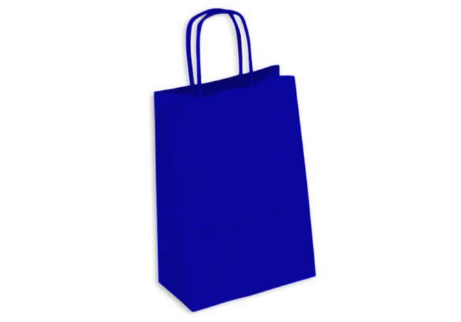 A vibrant blue kraft paper bag with two handles and no visible logos.