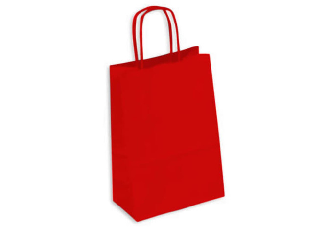 A red kraft paper bag with two handles, featuring a simple design and a sturdy structure.