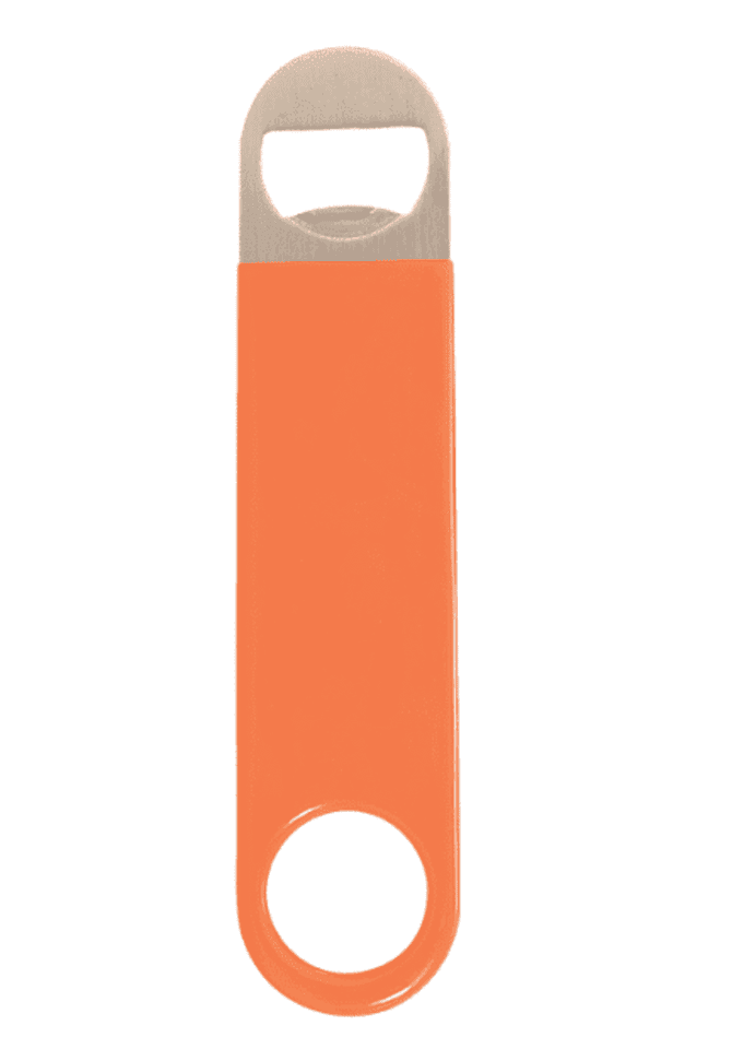 A drink bottle opener in orange with a stainless steel head and a circular hole for attachment.