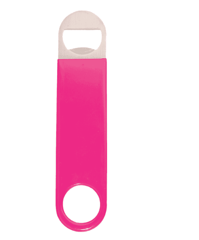 A pink vinyl wrapped paddle style bottle opener featuring a metallic bottle cap remover at one end.