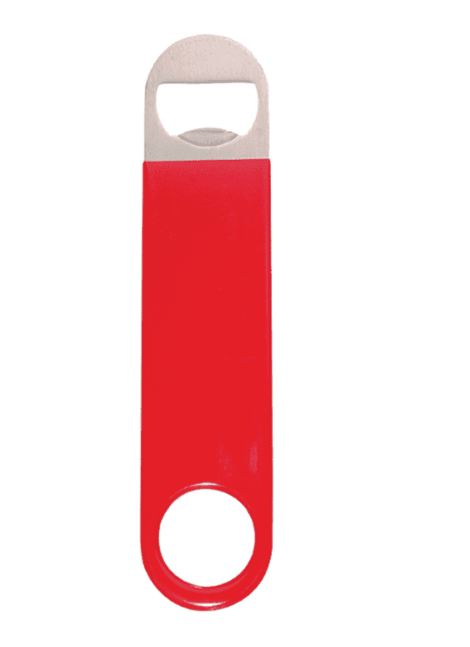 A drink bottle opener with a stainless steel head and a bright red vinyl wrapped handle. It includes a logo.